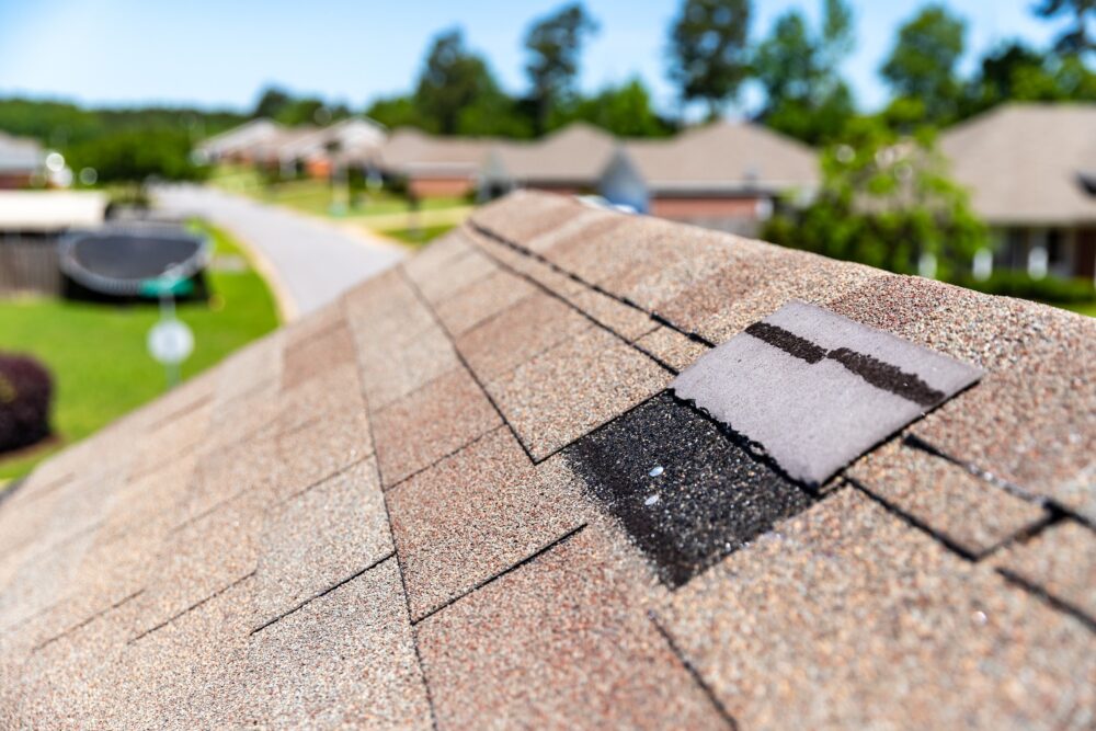 Close-up of asphalt roof shingles with a small patched repair area, neighborhood homes blurred in the background.
